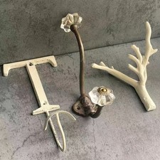 Lot of 3 Vintage Metal Wall Hooks Glass Knob Letter T Branch Coat Towel Hanger