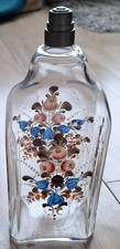 Ancienne bouteille verrerie artisanale XIXe décor floral peint + bouchon étain