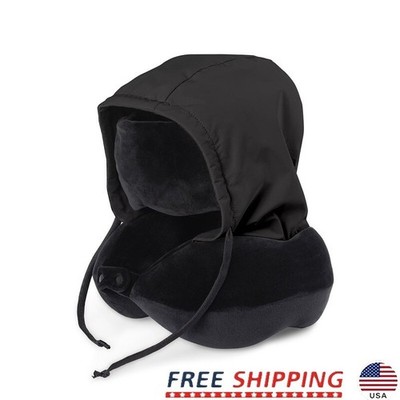 Travel Neck Pillow Adjustable Hood Detachable Eye Mask Cushioned Support New