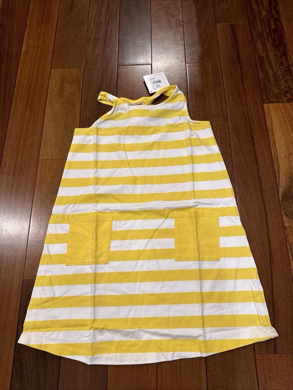 Hanna Andersson Girls Sz 130 (8) Yellow White Striped Sleeveless Dress NWT