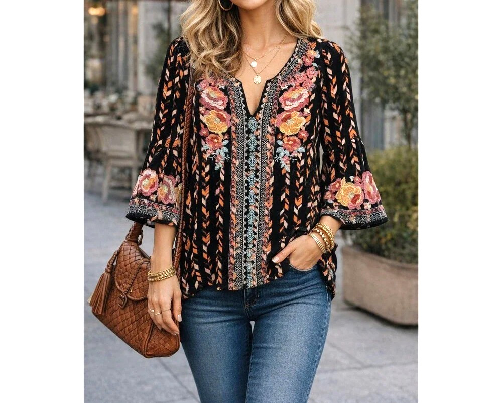 Savanna Jane Geo Print Floral Embroidered Women's Blouse Tunic Top SZ 2X XXL