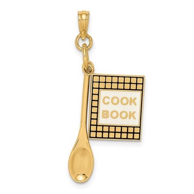 14k Gelbgold schwarz und weiß emailliert 3-D Kochbuch und Löffel Charm Anhänger