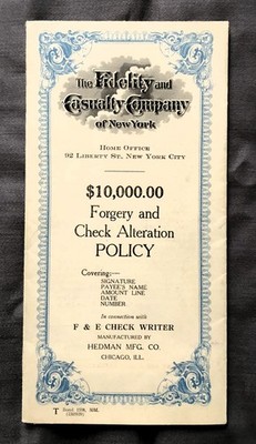 1924 FORGERY FIDELITY & CASUALTY NY INSURANCE POLICY FOR COCA COLA BOTTLING LA