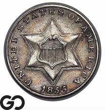1855 Three Cent Silver Piece Type 2 *Scarce Key Date, 139k Minted* Super Sharp!