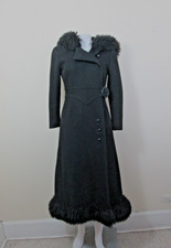 RETRO Vintage Black Faux Fur Trimmed Midi Coat Side Buttons  Hood Size S