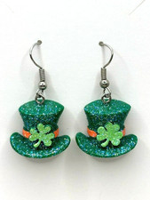 Claire's St Patrick Green Clover Glitter Irish Top Hat Shamrock Dangle Earrings