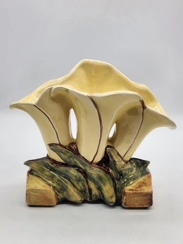 Vintage McCoy Triple Calla Lily Vase Yellow 7" Tall x 8" Long