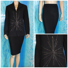 ST. JOHN Evening Black Jacket Skirt L 12 10 2pc Suit Starburst Shimmer Collared