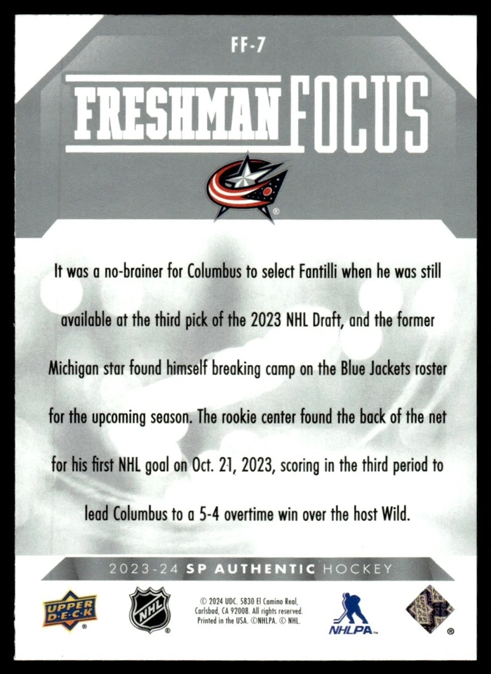 2023-24 SP Authentic Freshman Focus Adam Fantilli Columbus Blue Jackets #FF-7 - Image 2 of 2