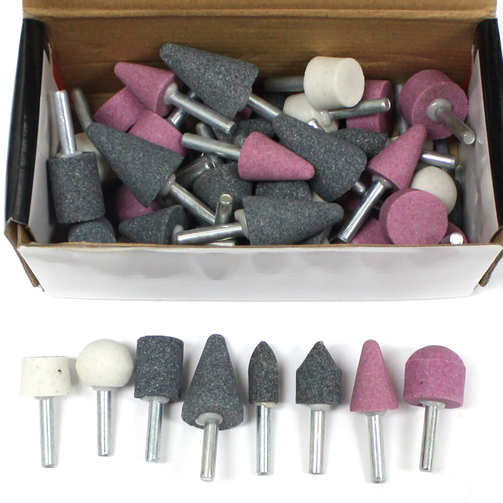 50 pc Mounted Stone Point Assortment 1/4" Shank Grinding Wheel Polish Deburr set