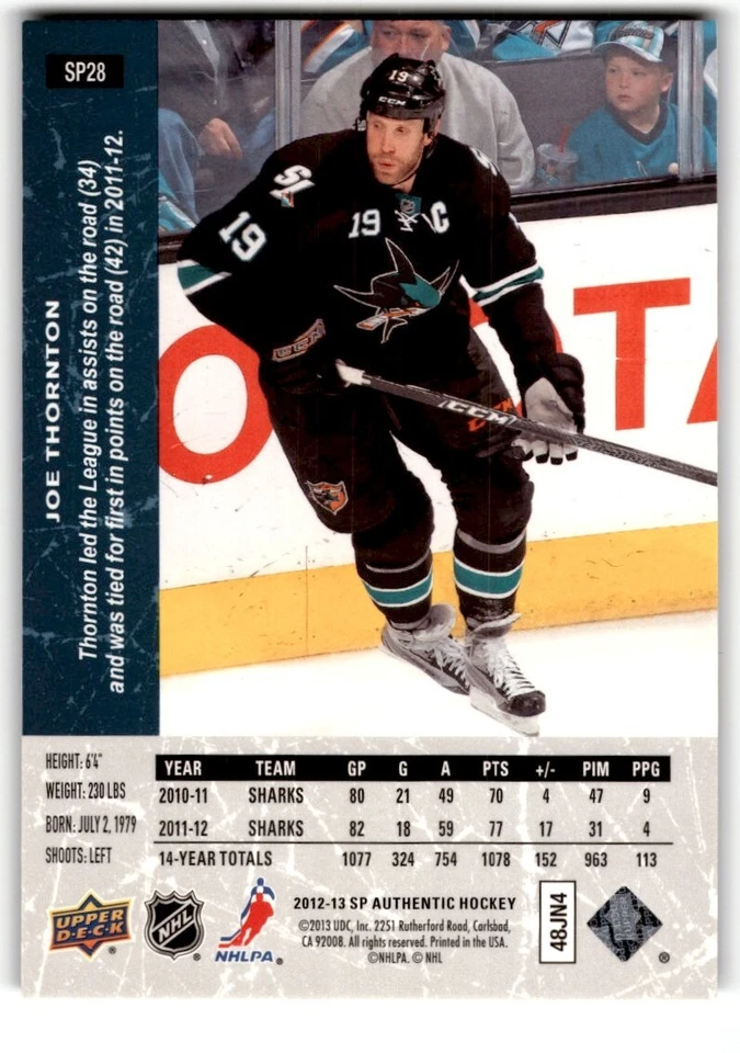 2012-13 SP Authentic '94-95 Retro Joe Thornton #SP28 San Jose Sharks - Image 2 of 2