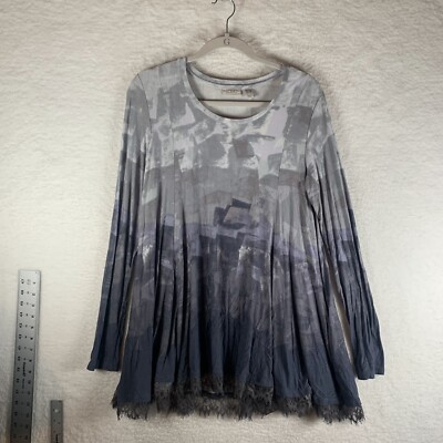 Logo Lori Goldstein Blouse Womens Medium Gray Blue Geometric Lace Hem 7652
