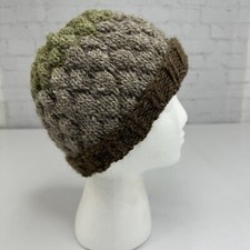 Handmade Wool Chunky Knit Beanie Hat Earthy Green Brown Wool Blend Winter NEW