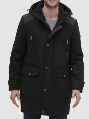 $295 Kenneth Cole Men's Black Full-Zip Mixed Media Hooded Coat Jacket Size  L