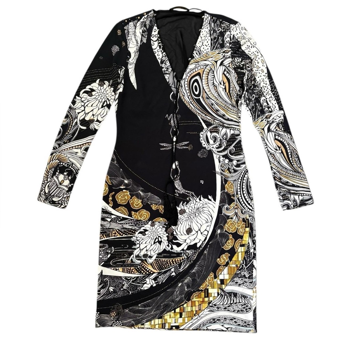 Roberto Cavalli Made in Italy Long Sleeve V-Neck Tassel Sheath Dress Size 44