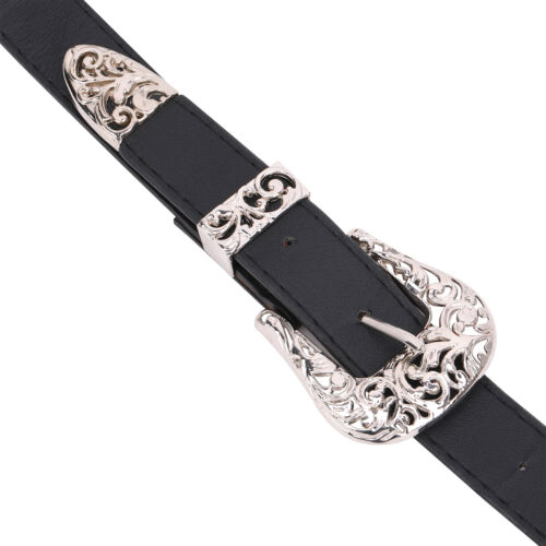 Estilo Vintage Plateado Doble Hebilla Piel Sintética Negro Cinturón Retro Cowboy - Imagen 5 de 7