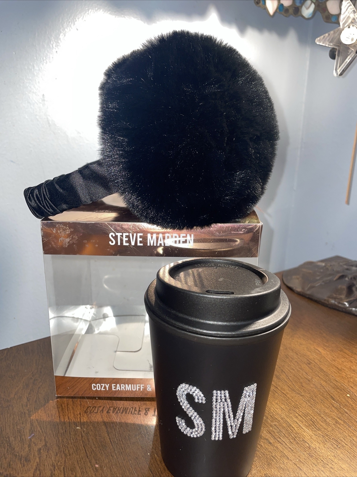 STEVE MADDEN COZY EARMUFF & TRAVEL MUG SETBLACK W/SILVER BLING. NEW eBay