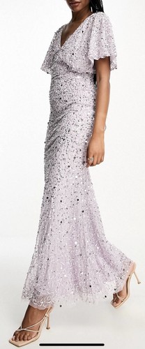 Beaut Tall Bridesmaid embellished maxi dress with Flutter Sleeve lilac Size 12 - Picture 4 of 4