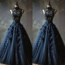Gothic Navy Wedding Dresses Halter Off Shoulder 3D Flowers A Line Bridal Gowns//