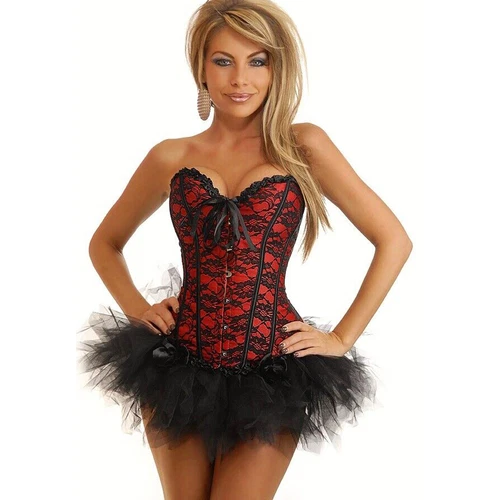 Ladies Lace Strapless Up Burlesque Corset Fancy Dress Costume Overbust Top&Tutu - Picture 5 of 31