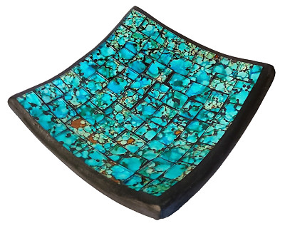 Ceramic and Mosaic Art Glass Tray, Turquoise Trail Theme, Small 4.75'' by 4.75''