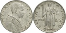 5 LIRE 1952 - CITTÀ DEL VATICANO - PAPA PIO XII -