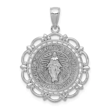 14K White Gold Miraculous Medal With Scallop Frame Pendant