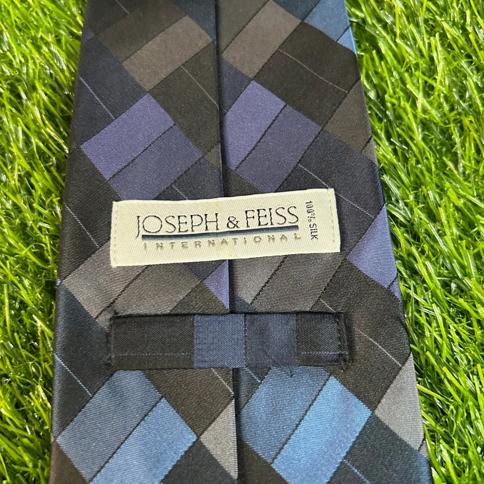 Corbata de seda Joseph & Feiss azul gris patrón cuadrado negocios carrera para hombre Foto 4 de 4
