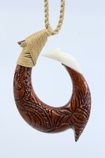 Hawaiian Koa Wood / Buffalo Bone Fish Hook Necklace - Hand Carved, Tribal Design