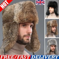 Mens Winter Real Genuine Rabbit Fur Hat Russia Trapper Earflap Ski Cap Ushanka