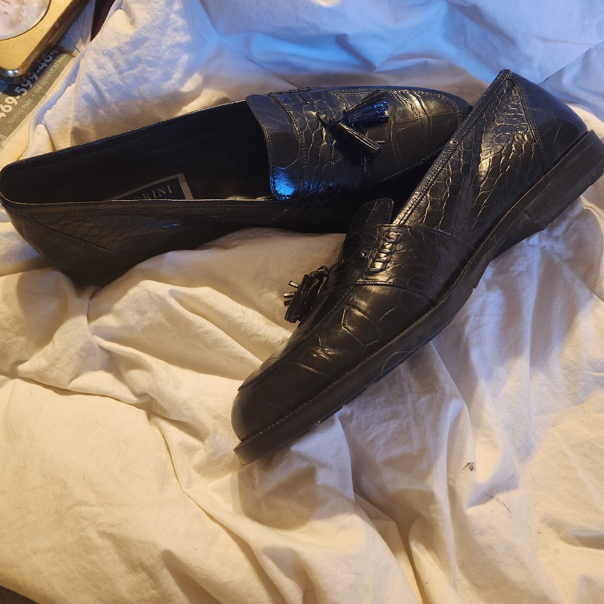 SANTORINI Black Leather Tassle Mens Loafers Sz 9.5 D Made in  display picture 1