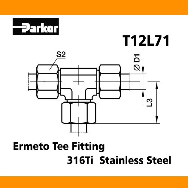 Parker T12L71 316Ti Stainless Steel EO 12mm Tee-Fitting include DPR-Ring and Nut - Image 2 of 3