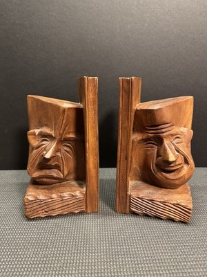 Vintage MCM Carved Wood Comedy & Tragedy Theatre Bookends 8  Tall Book Ends