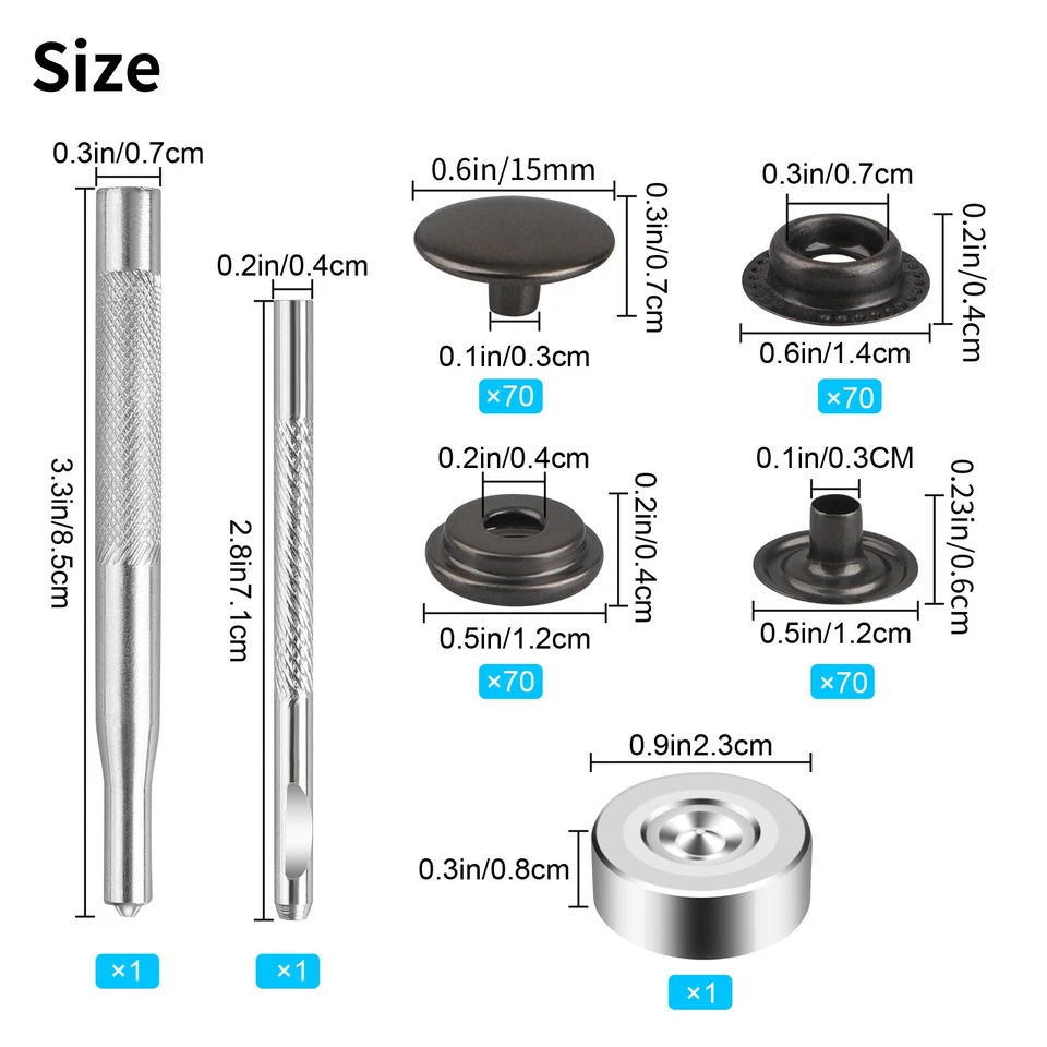 For Leather Craft 70 Sets 15mm 5/8" Heavy Duty Snap Fasteners Kit Metal Button - Image 2 of 4