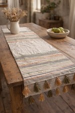Boho Rustic Linen Table Runner Tassels Brown Cottagecore Rustic Farm Simple