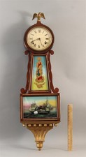 Antique Sessions Banjo Clock Reverse Painted British Naval Ship Battle Tablet 