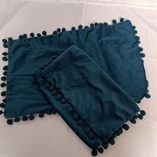 Set of 2 Throw Pillow Covers 20x12 Teal Blue Velvet Pom Poms soft lumbar NEW