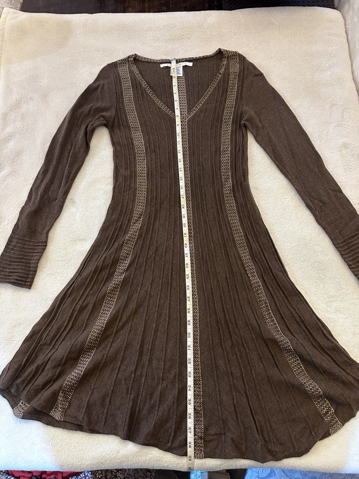 Max Studio Brown Knit Patterned Trim Geometric A-… - image 2