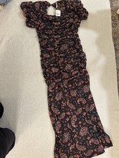 Free People Black Multicolor Floral Mesh Bodycon Dress Ruffle Puff Sleeve L