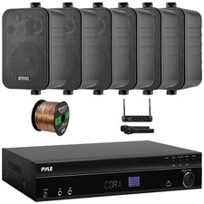 Pyle 5.2 Channel Sound Receiver, 6x 4" 30W Black Indoor/Outdoor Speakers W/ Mic