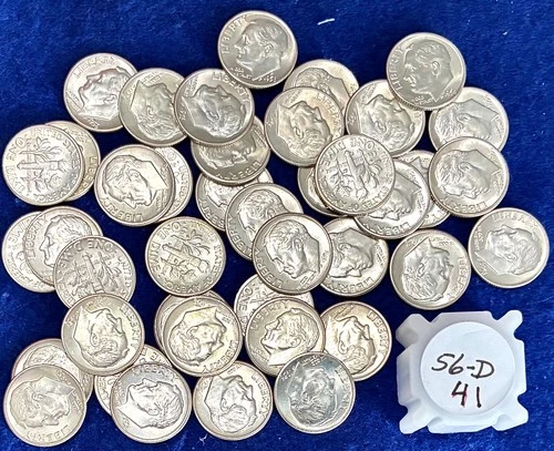 1956-D Roosevelt Silver Dimes Ch BU Partial Roll 41 Pieces