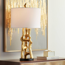 Modern Glam 29" Gold Finish End Table Lamp with White Shade for Home  Office