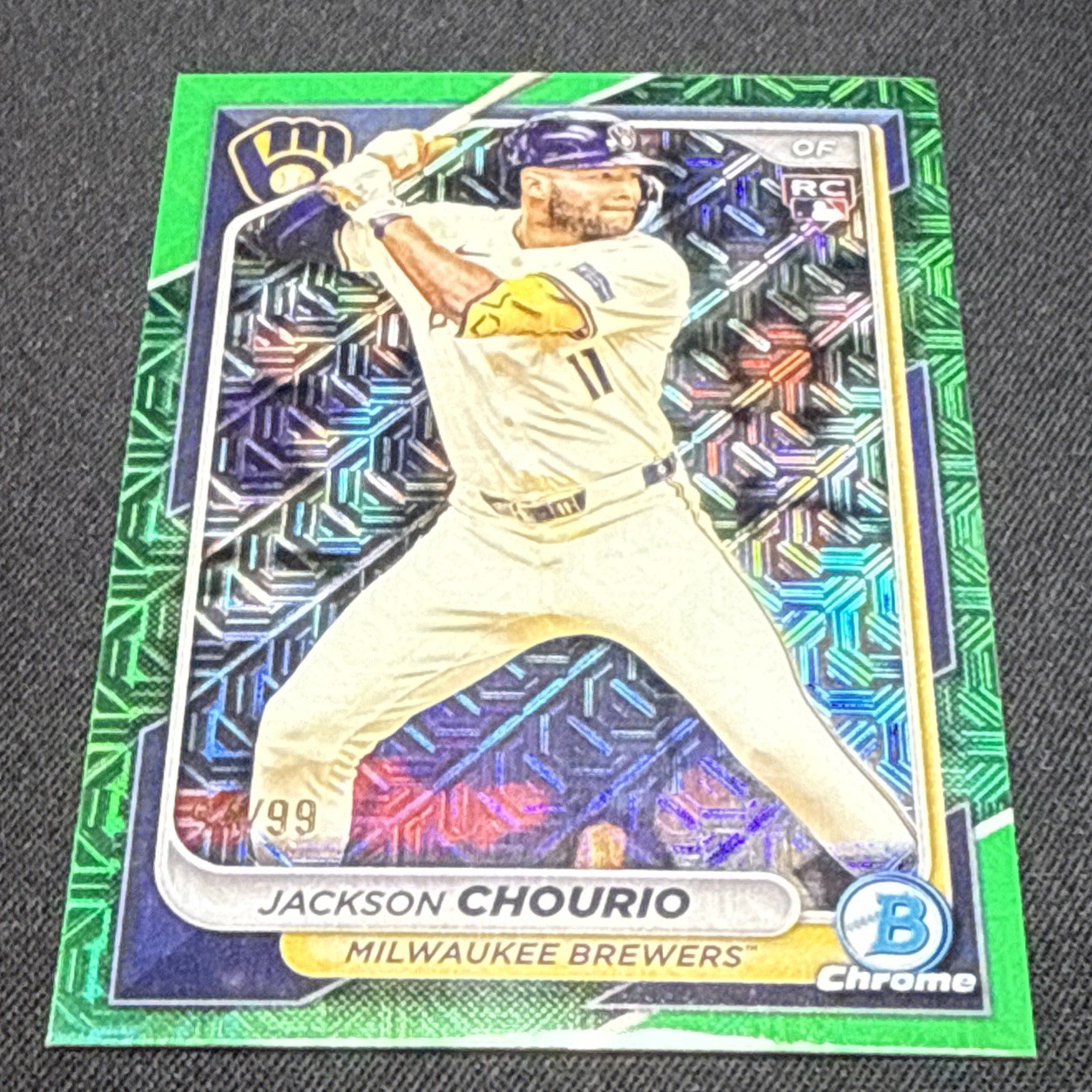 2024 Bowman Chrome Mega Jackson Chourio Green Mojo /99 Rookie RC #69 Brewers