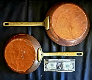 PAIR Vintage Copper Frying Pan Skillets Made in France Mauviel? Good Tin 8" & 9"