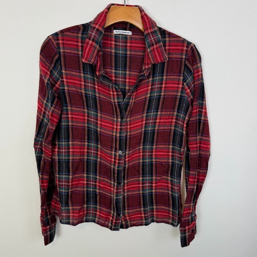 Reformation Plaid Button Down Collared Top S Red … - image 1