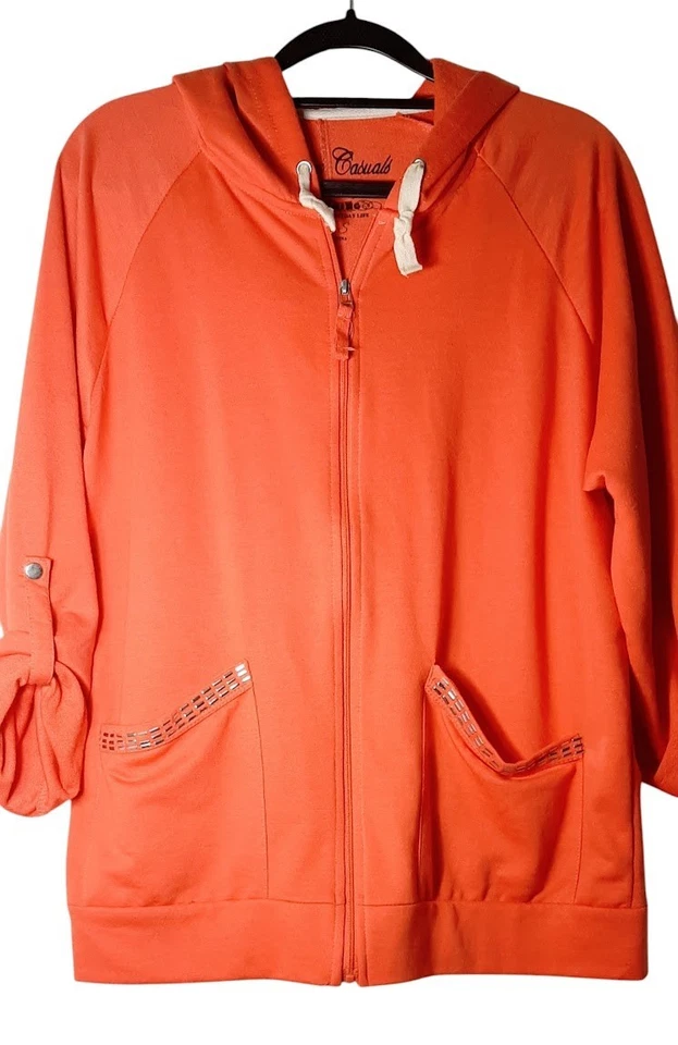 Onque Casuals Women’s Orange Zip Hoodie Jacket Small Rhinestone Trim Pockets - Image 4 of 4