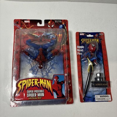 NIB Super Poseable Spider-Man with Sticky Web 2002 Toybiz W/ Jiggle Head Pen JL