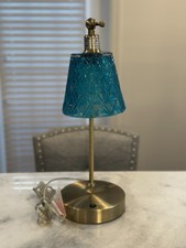 Modern Coastal Teal Blue Glass Accent Table / Desk Lamp With USB CHARGER