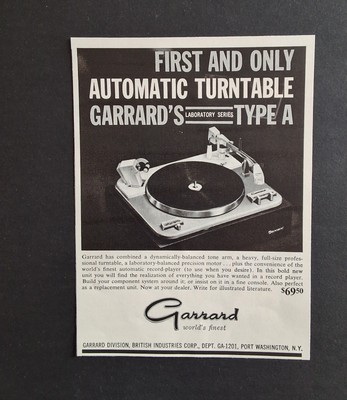 Vintage Mid-Century Garrard Laboratory Series Type A Turntable - 1961 Art AD