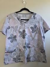 L Womens V-Neck Medical Scrub Top Pink Gray White Floral Leaves 3-Pocket